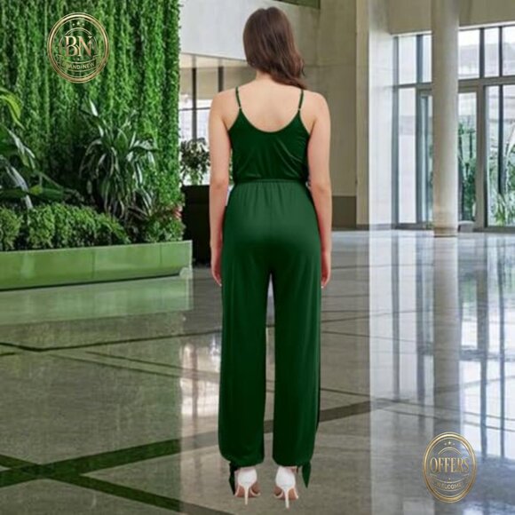 V Neck Sleeveless Jumpsuit Adjustable Spaghetti Strap Split Long Romper with - Picture 3 of 7